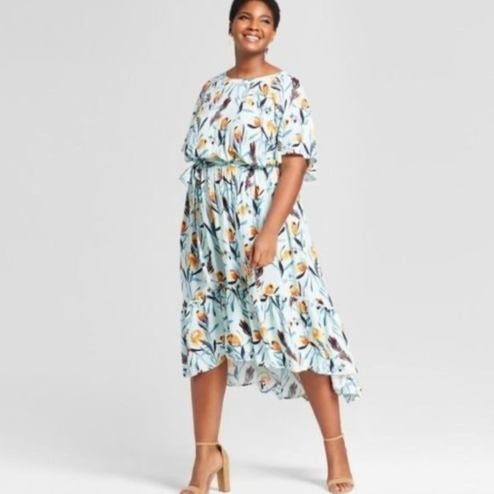 Ava & Viv 1X Mint Floral Hi-Low Midi Dress